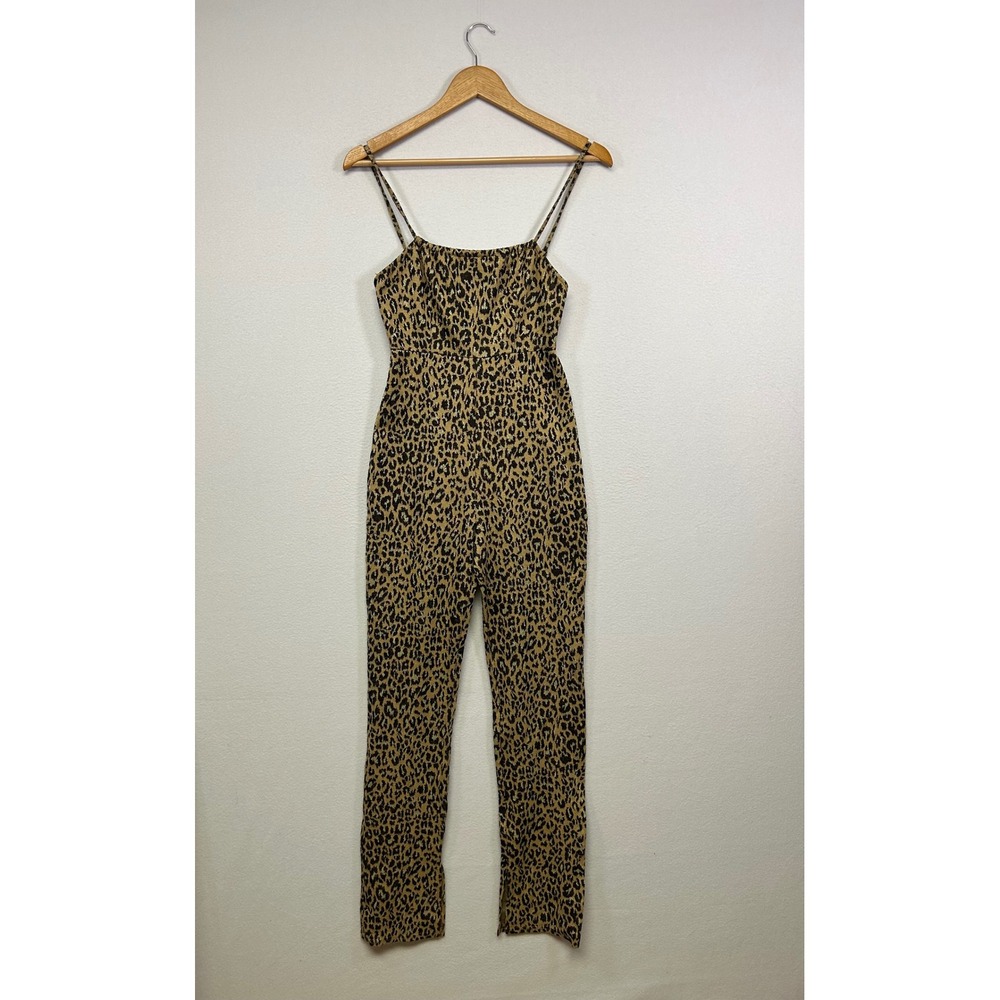 Glam Animal Print‎ Kittenish Womens Sm Gold Leopard Metallic Spaghetti Jumpsuit